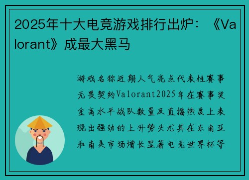 2025年十大电竞游戏排行出炉：《Valorant》成最大黑马